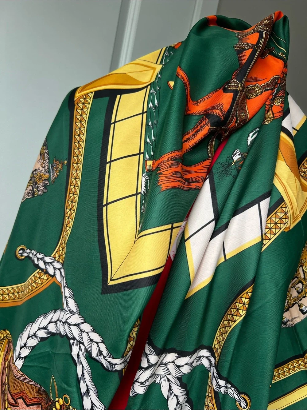 Silk-Feel Green & Yellow Patterned Scarf